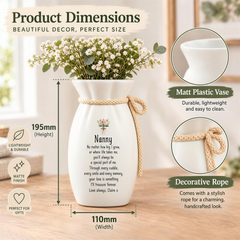 The image is a product dimensions advertisement for a decorative vase. It features a vase with a bouquet of white flowers, a Matt Plastic Vase, and a Matt Plastic Vase. The vase is described as having a perfect size, lightweight, and durable. The vase is also described as having a charming and handcrafted look. The image includes a diagram of the vase, providing measurements and details about its features.
