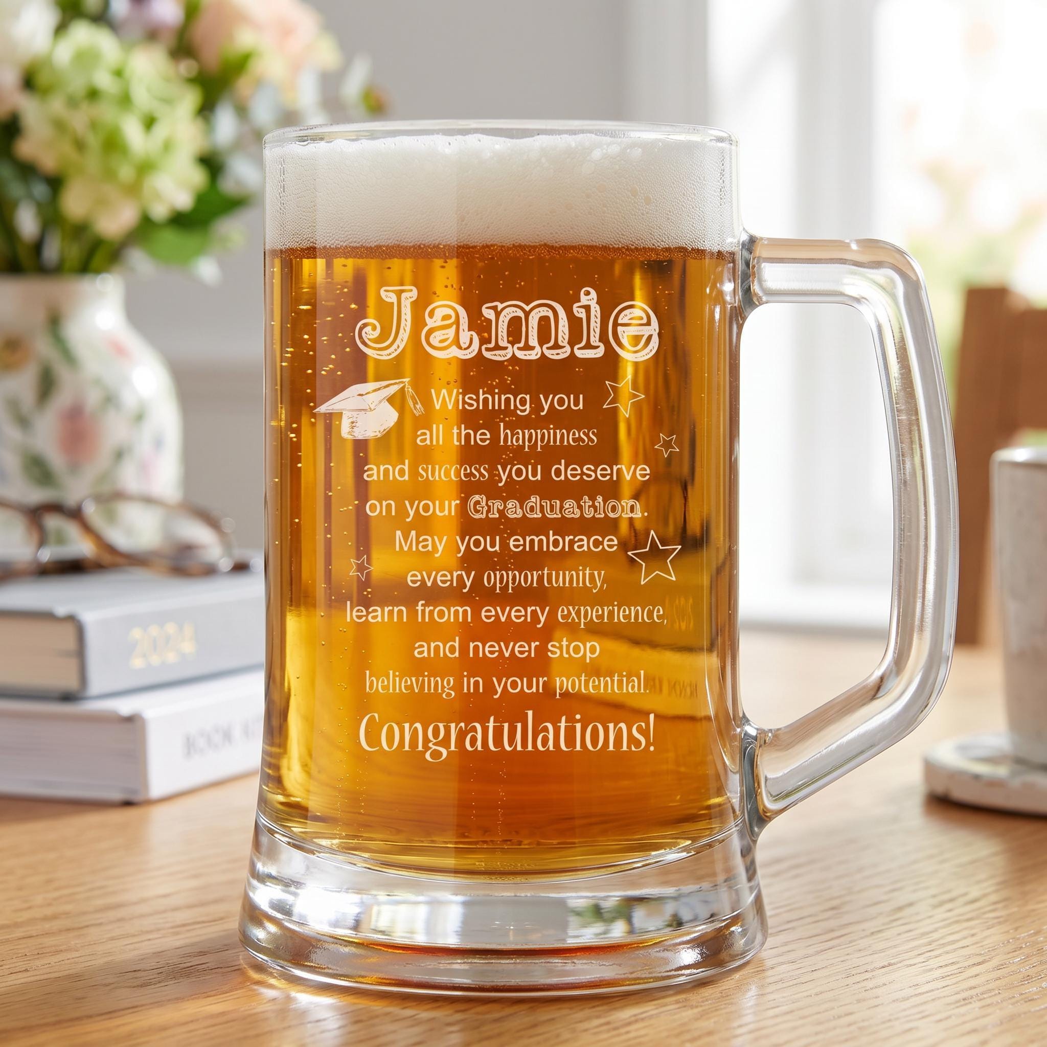 Personalised Beer Tankard – Engraved Glass Mug 510ml | Graduation Gift Boxed ukgiftstoreonline