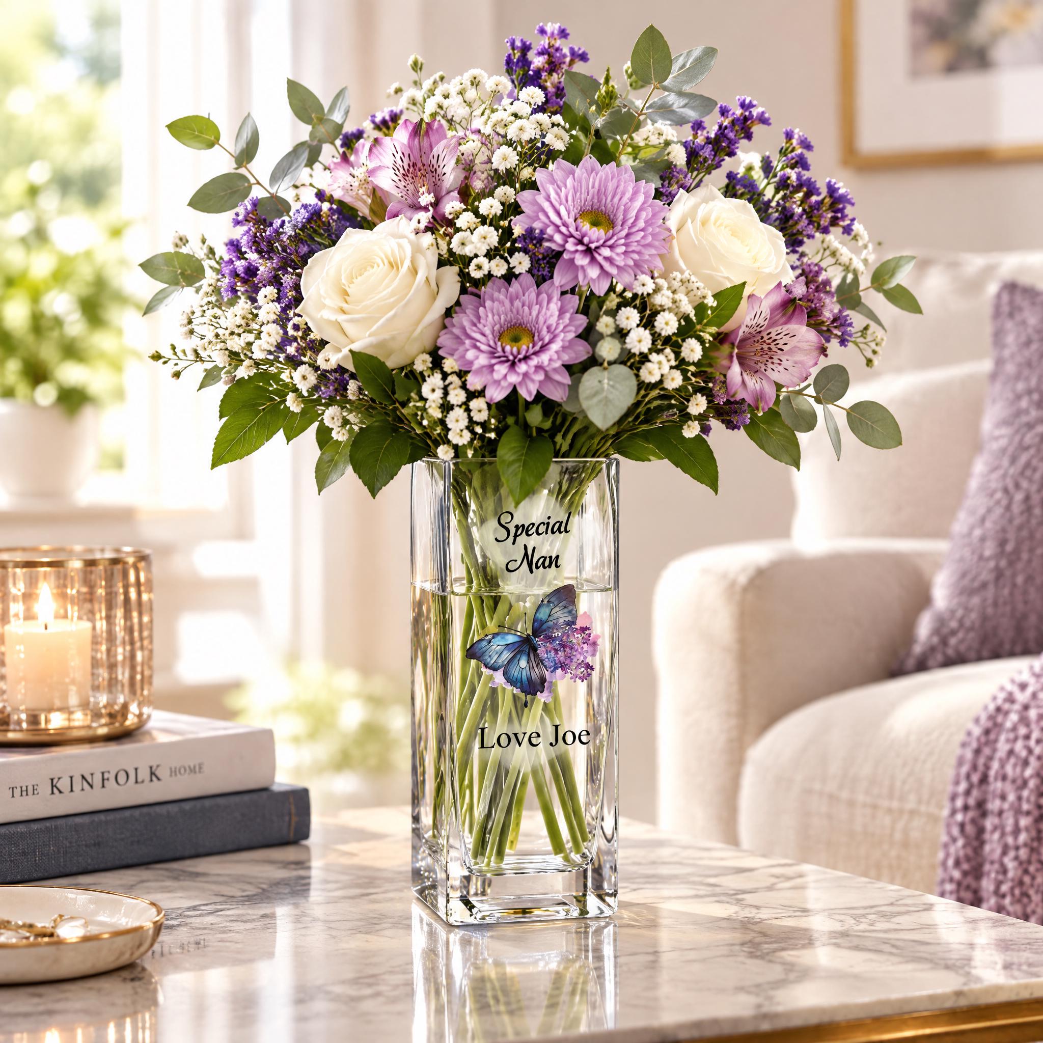 A bouquet of purple and white flowers in a glass vase, placed on a marble table in a living room setting.