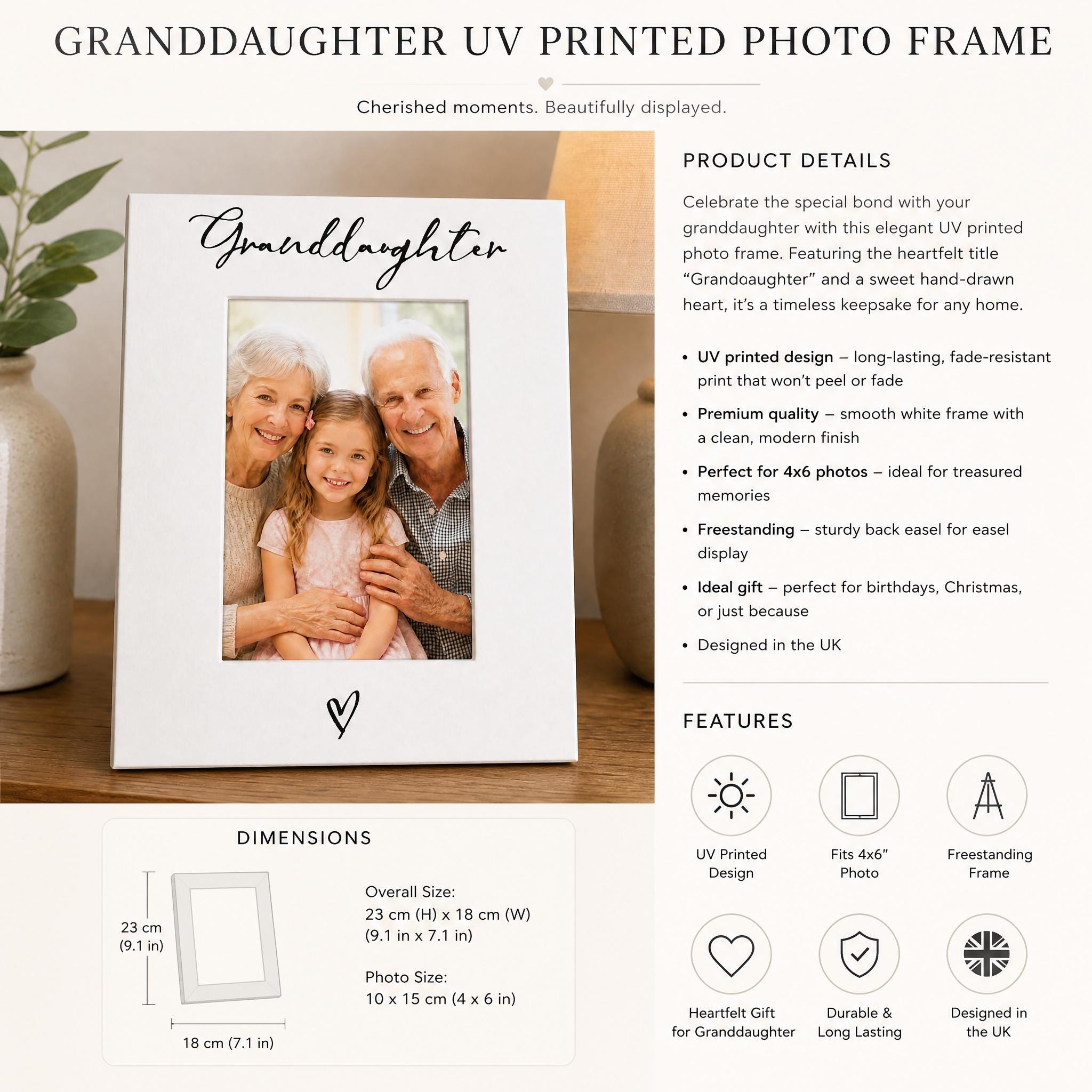 Photo Frame, White Wooden 6X4 Portrait, Granddaughter Heart ukgiftstoreonline