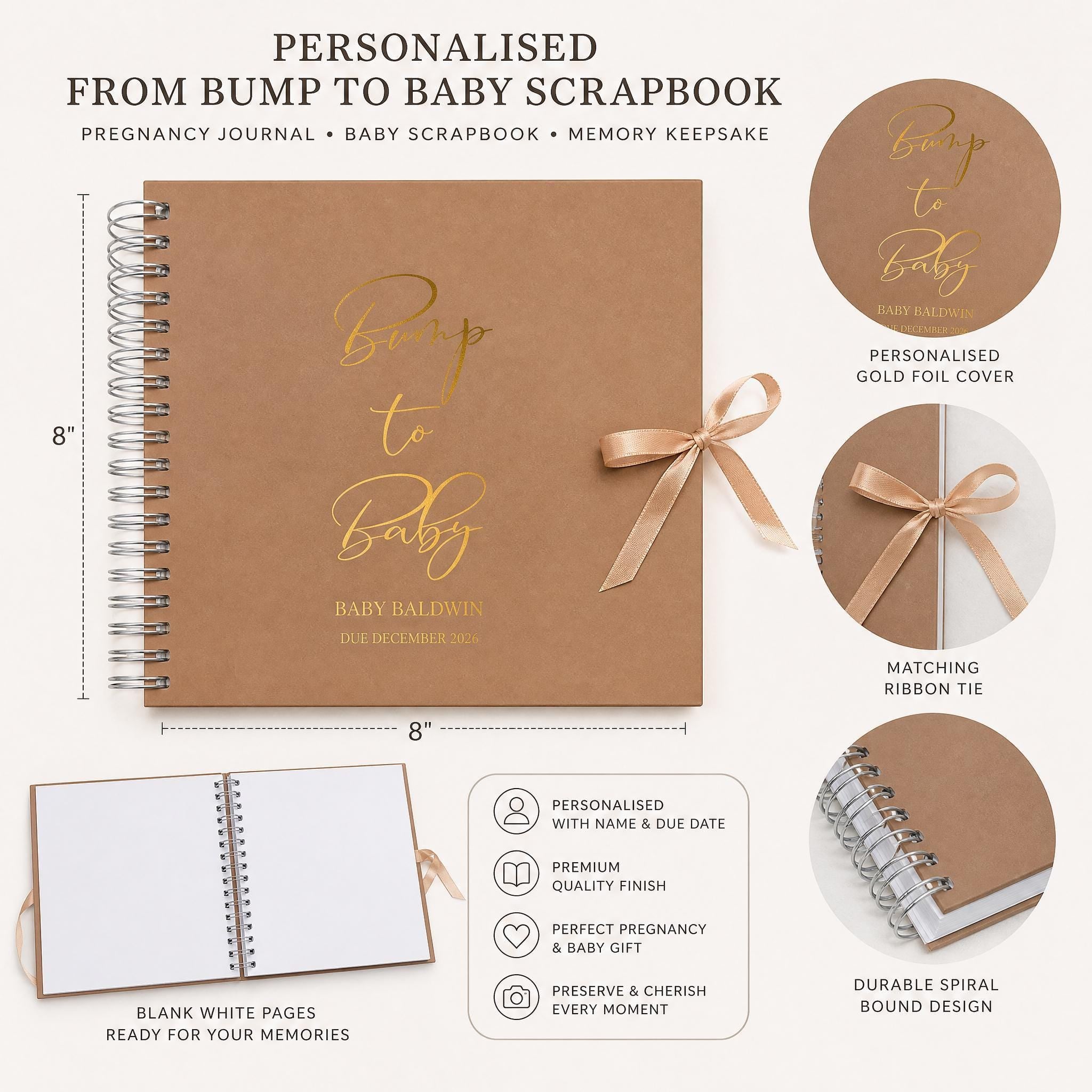 The image is a promotional image for a personalized baby scrapbook, featuring a brown cover with gold lettering and a spiral binding.