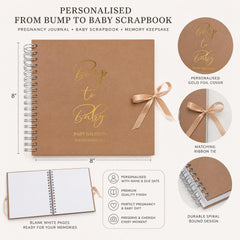 The image is a promotional image for a personalized baby scrapbook, featuring a brown cover with gold lettering and a spiral binding.