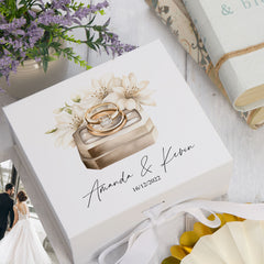 Personalised Wedding Box With Floral Ring Box Design and Ribbon Closure