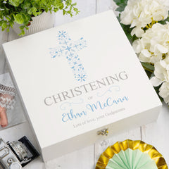 ukgiftstoreonline Personalised Christening Blue Ornate Cross Design Keepsake Memory Box Keepsake Memory Box ukgiftstoreonline Wood Box Large