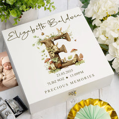Personalised White Baby Memory Box, Woodland Alphabet Design, Special Baby Keepsake For Photos, Favourite Things and Mementos