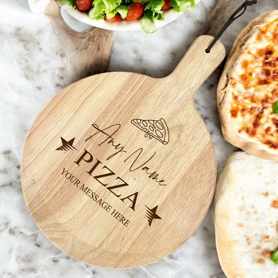 Large Personalised Custom Pizza Board Names Serving Tray Handle Paddle Round Wooden ukgiftstoreonline