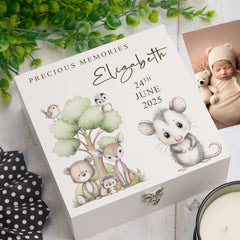 Personalised White Baby Memory Box, Woodland Animals, Special Baby Keepsake For Photos, Favourite Things and Mementos