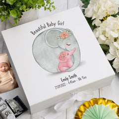 Personalised Beautiful Baby Girl Memory Keepsake Box With Elephant Sketch