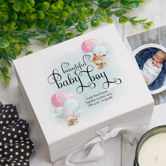 ukgiftstoreonline Personalised Baby Boy Large Memory Box Gift With Ribbon Balloon Design
