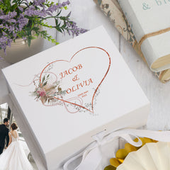 Personalised Wedding Box With Rose Gold Floral Heart and Ribbon