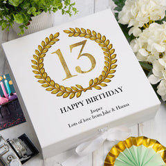 Personalised 13th Birthday Gift for him Keepsake Memory Box Gold Wreath Design