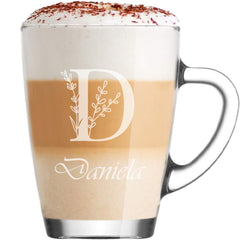 Personalised Engraved Glass Coffee Cup, Tea Cup, Any Name and Leaf Alphabet