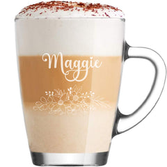 Personalised Engraved Glass Coffee Cup, Tea Cup, Any Name and Flowers