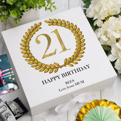 Personalised 21st Birthday Gift for him Keepsake Memory Box Gold Wreath Design
