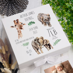 Personalised Safari Animal New Baby Keepsake Box Gift