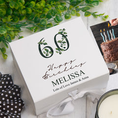 Personalised 60th Birthday Green Leaf Design Keepsake Memory Gift Box.