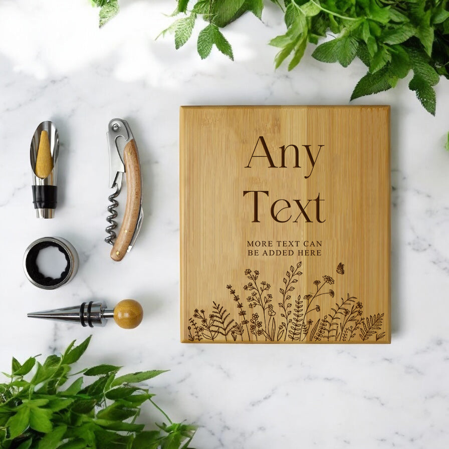 Personalised Wine Accessory Gift Set Engraved With Wildflowers Any Text Any Occasion ukgiftstoreonline Bamboo
