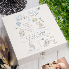 Personalised Baby Boy Elephants Design Keepsake Memory Box