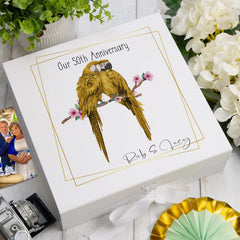 Personalised Our 50th Anniversary Keepsake Memory Box Gift With Golden Parrots