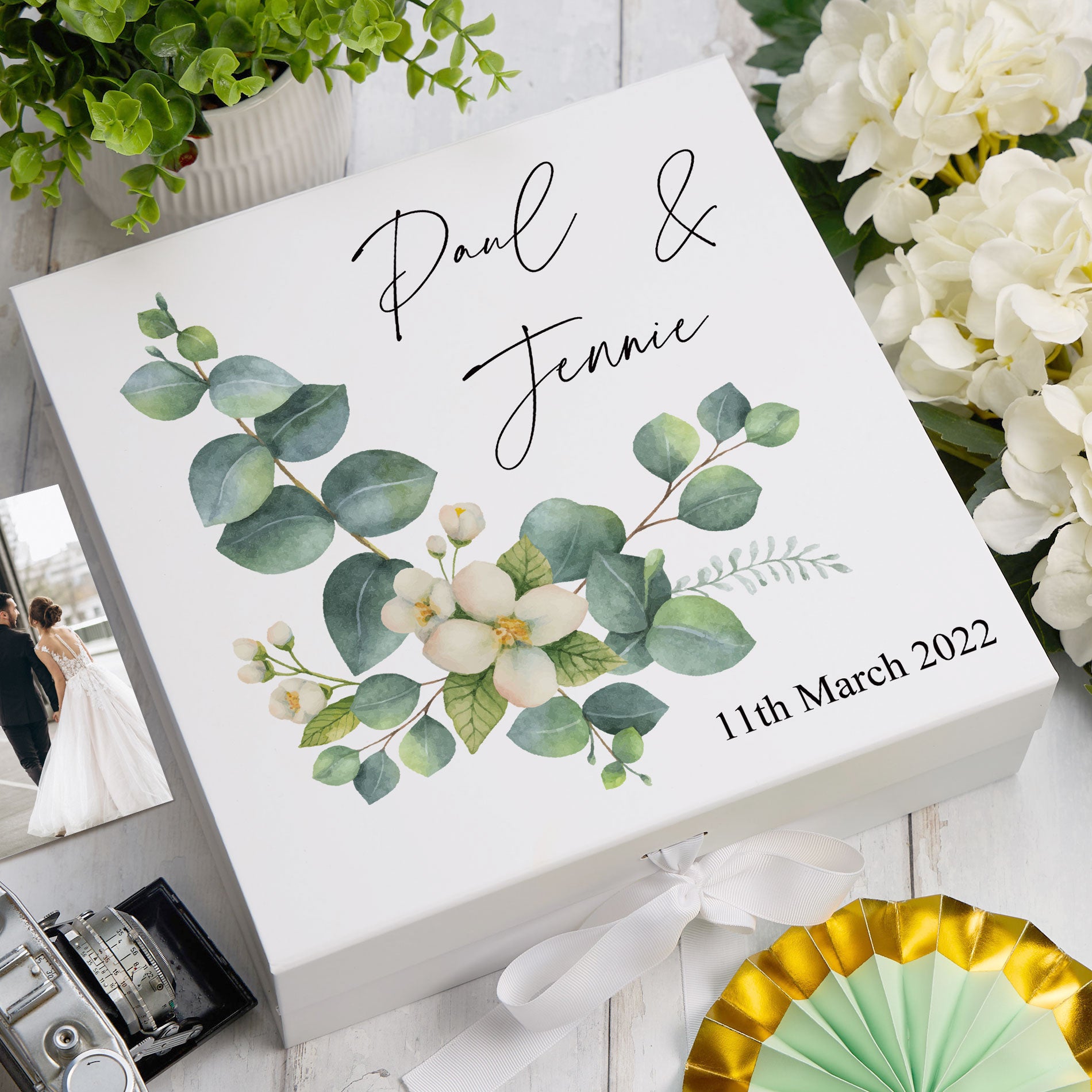 ukgiftstoreonline Personalised Wedding Keepsake Memory Box Gift Eucalyptus Design Keepsake Memory Box ukgiftstoreonline Large Ribbon