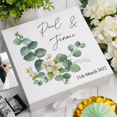 ukgiftstoreonline Personalised Wedding Keepsake Memory Box Gift Eucalyptus Design Keepsake Memory Box ukgiftstoreonline Large Ribbon