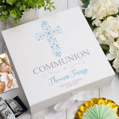 ukgiftstoreonline Personalised Communion Blue Ornate Cross Design Keepsake Memory Box