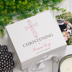 ukgiftstoreonline Personalised Christening Pink Ornate Cross Design Keepsake Memory Box
