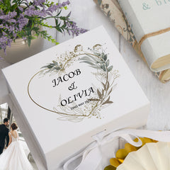 Personalised Wedding Box With Silver Green Leaf Heart and Ribbon