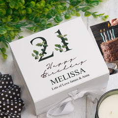 Personalised 21st Birthday Green Leaf Design Keepsake Memory Gift Box.