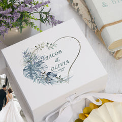 Personalised Wedding Box With Blue Tropical Heart and Ribbon Closure
