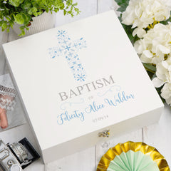 ukgiftstoreonline Personalised Baptism Blue Ornate Cross Design Keepsake Memory Box Keepsake Memory Box ukgiftstoreonline Wood Box Large