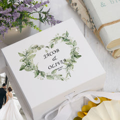 Personalised Wedding Box With Floral Green Leaf Heart and Ribbon