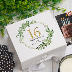 Personalised 16th Birthday Gift for her Keepsake Memory Box Gold Wreath Design