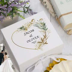 Personalised Wedding Box With Gold Green Leaf Heart and Ribbon