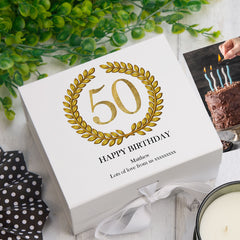 Personalised 50th Birthday Gift for him Keepsake Memory Box Gold Wreath Design
