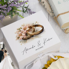 Personalised Wedding Box With Rings Design and Ribbon Closure