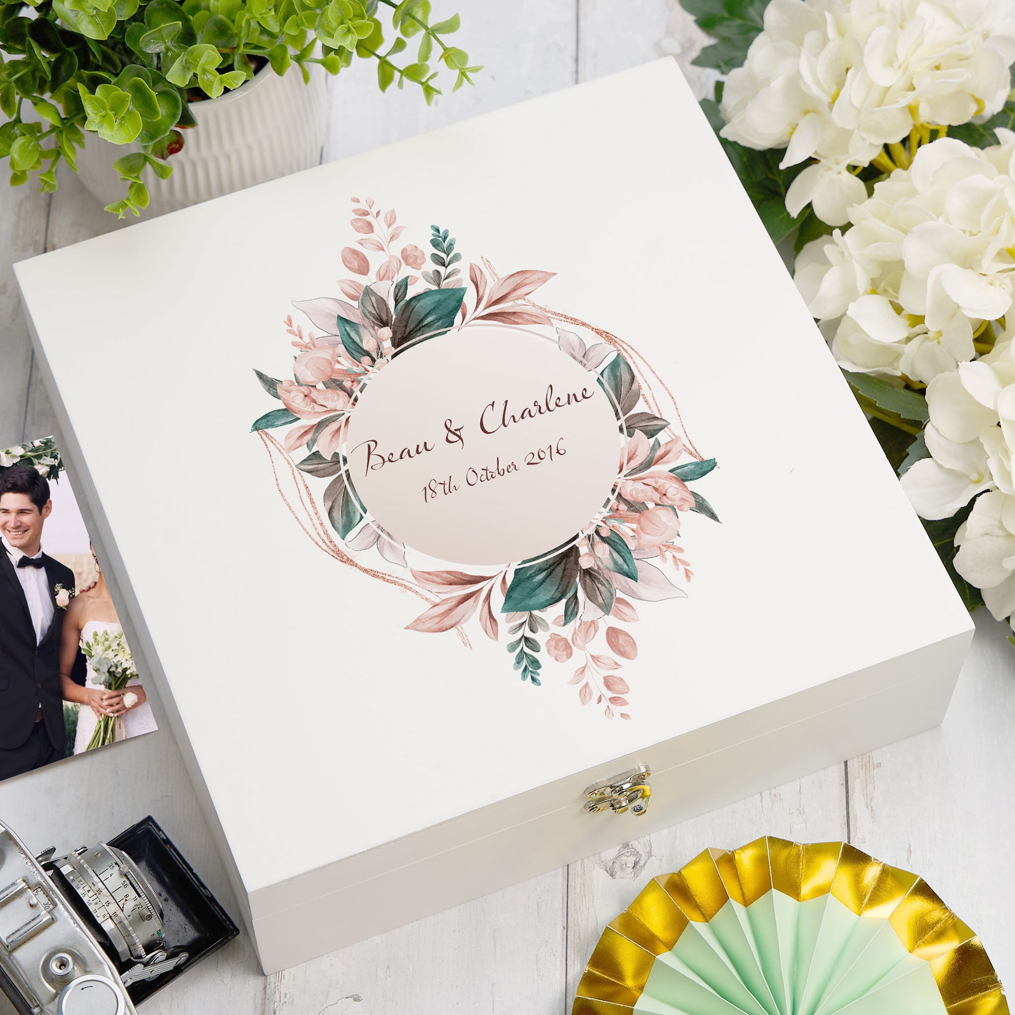 ukgiftstoreonline Personalised Wedding Wreath Design Keepsake Memory Box Keepsake Memory Box ukgiftstoreonline Large Wood Box