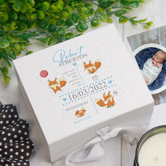 Personalised Baby Boy Memory Box Gift With Ribbon Cute Foxes and Birth Details