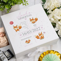 Personalised Baby Girl Memory Box Gift With Ribbon Cute Foxes and Birth