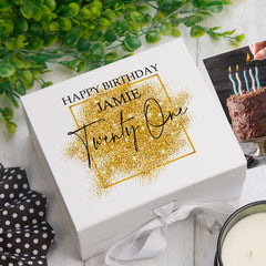 Personalised 21st Birthday Gift Keepsake Memory Box Gold Sparkles Design