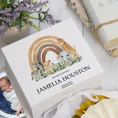 ukgiftstoreonline Personalised Jungle Safari Baby Memory Box Gift With Ribbon