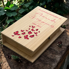 Personalised Memorial Sympathy Wooden Keepsake Memory Book Shape Box With Butterflies