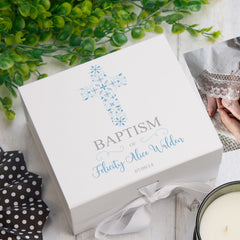 ukgiftstoreonline Personalised Baptism Blue Ornate Cross Design Keepsake Memory Box