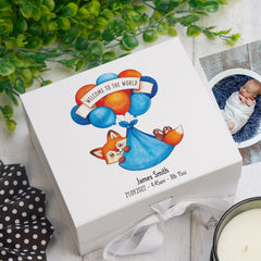 Personalised Welcome To The World Baby Boy Memory Keepsake Box With Fox