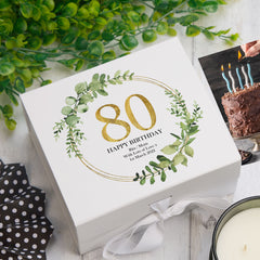 Personalised 80th Birthday Gift for her Keepsake Memory Box Gold Wreath Design