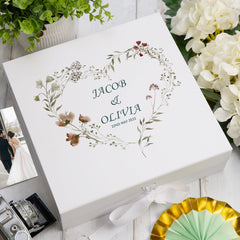 Personalised Wedding Box With Watercolour Floral Heart and Ribbon
