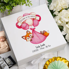 Personalised Welcome To The World Baby Girl Memory Keepsake Box With Fox