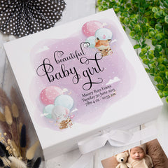 Personalised Baby Girl Memory Box Gift With Ribbon Balloon Design