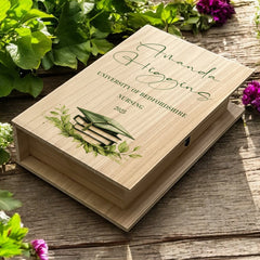 Personalised Gift For Graduation Wooden Keepsake Memory Book Shape Box For Photos and Memories