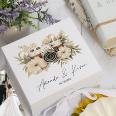 Personalised Wedding Box With Floral Camera Design and Ribbon Closure